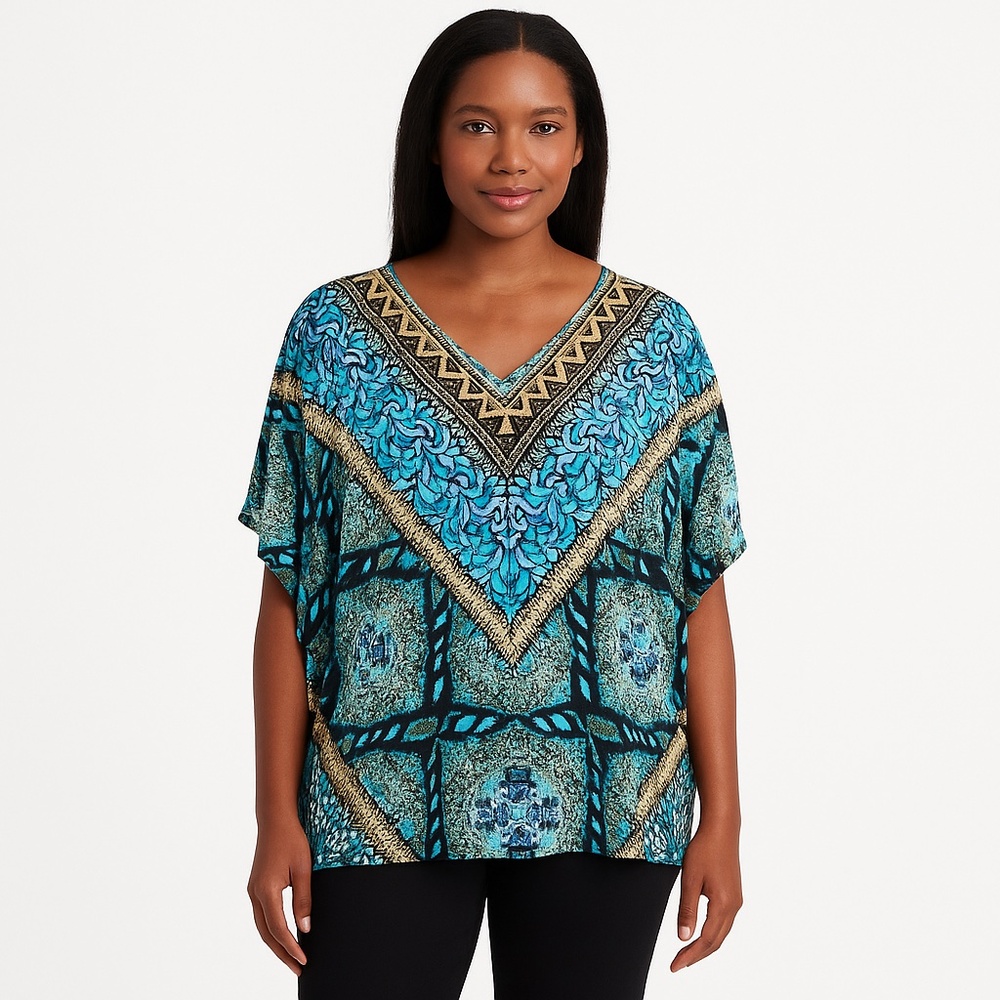 Investments Blue Geometric Kaftan Top Petite V-Neck Boho PL